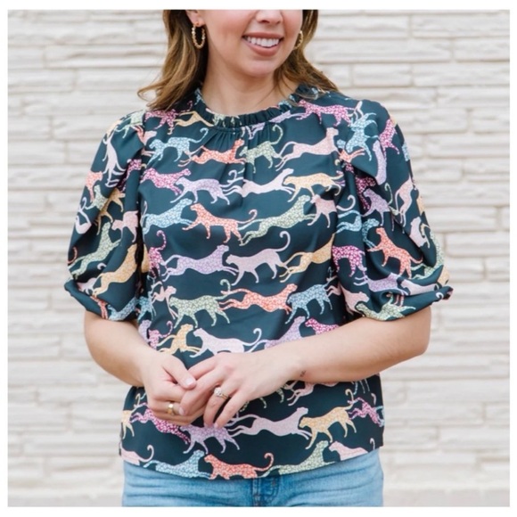 Michelle Mcdowell Tops - Michelle McDowell Women's Black Cheetah Print Ruffle Puff Libby Top Shirt Blouse